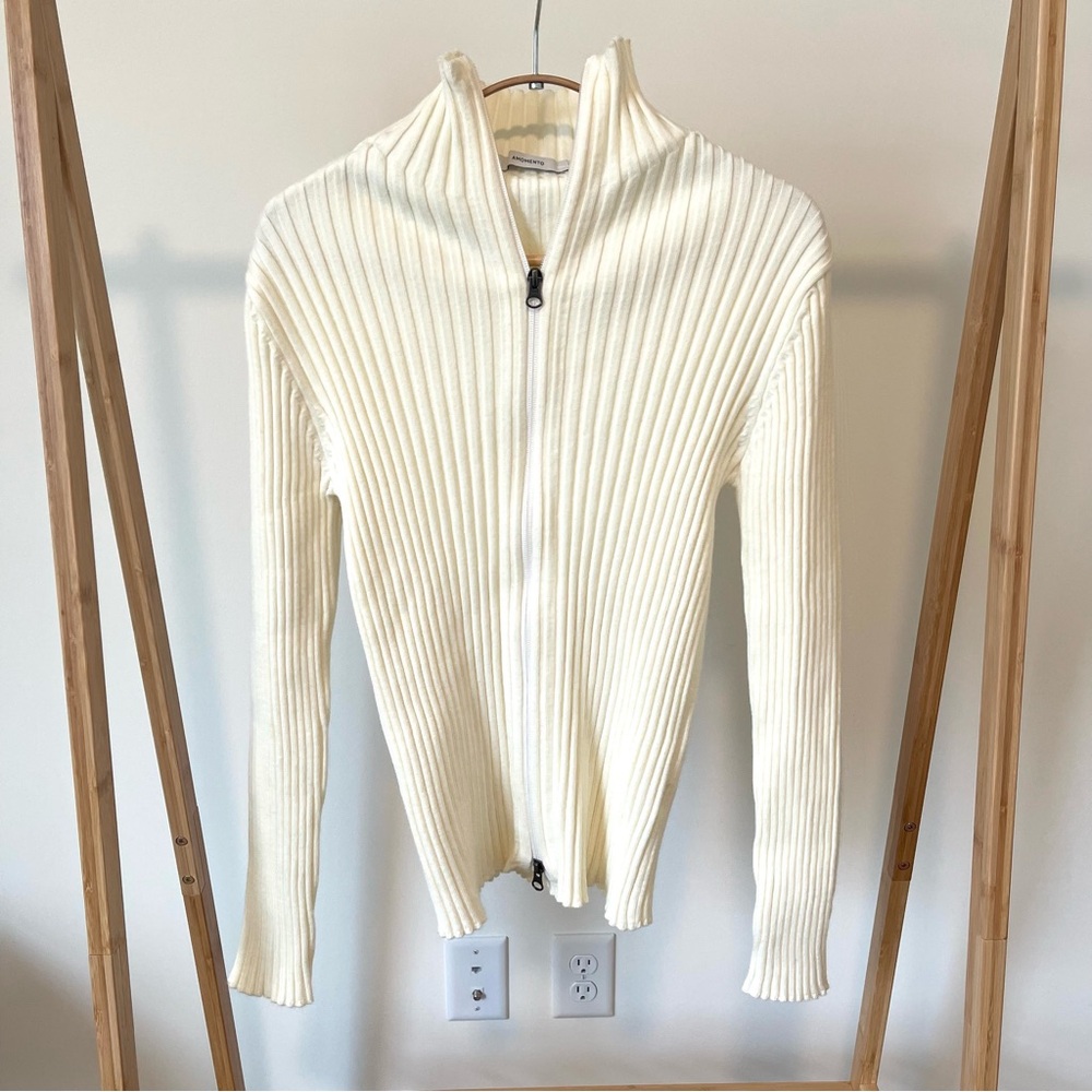 Amomento Women's Ivory Ribbed Zip-Up Sweater - Picture 2 of 6